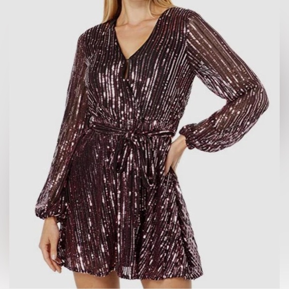 NWT Bardot Long Sleeve Multi Pink Sequin Belted Party Dress Size S - Picture 1 of 13